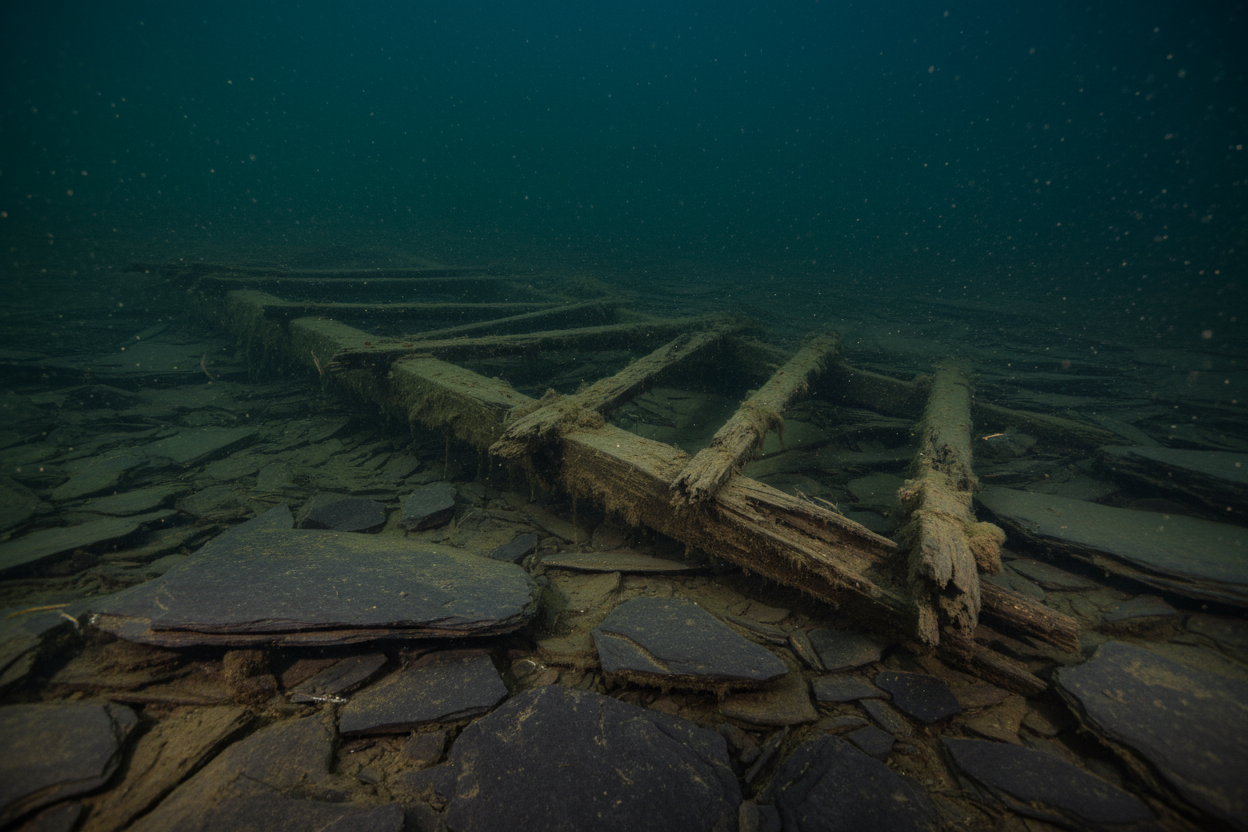 deeper water with shale rocks and a sunken very old and decayed wood structure